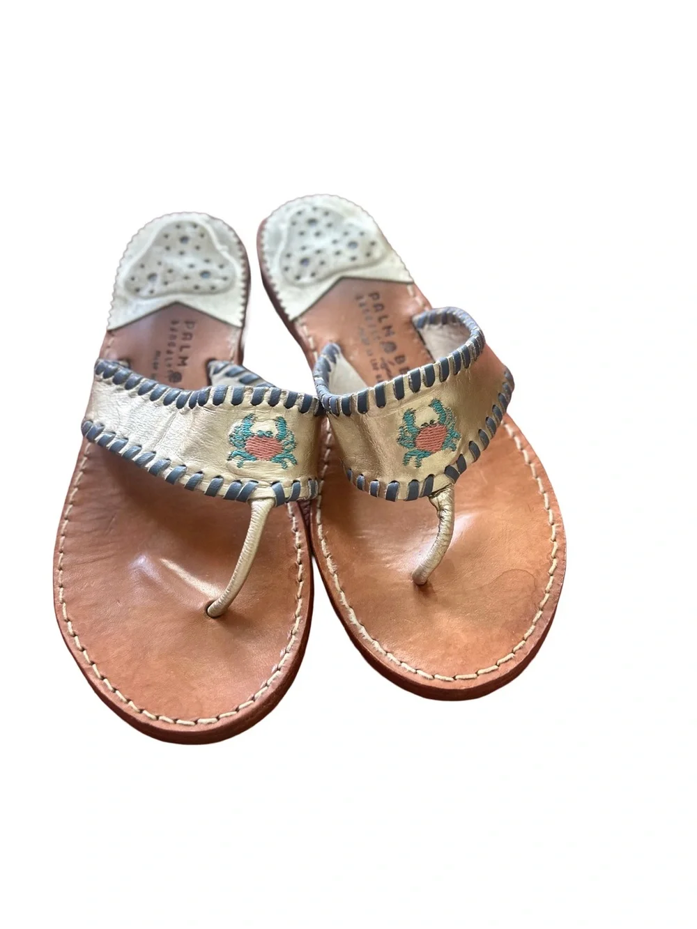 Palm Beach Sandals Handmade Leather Crab Embroidered Flip Flop Sandals, Sz 6